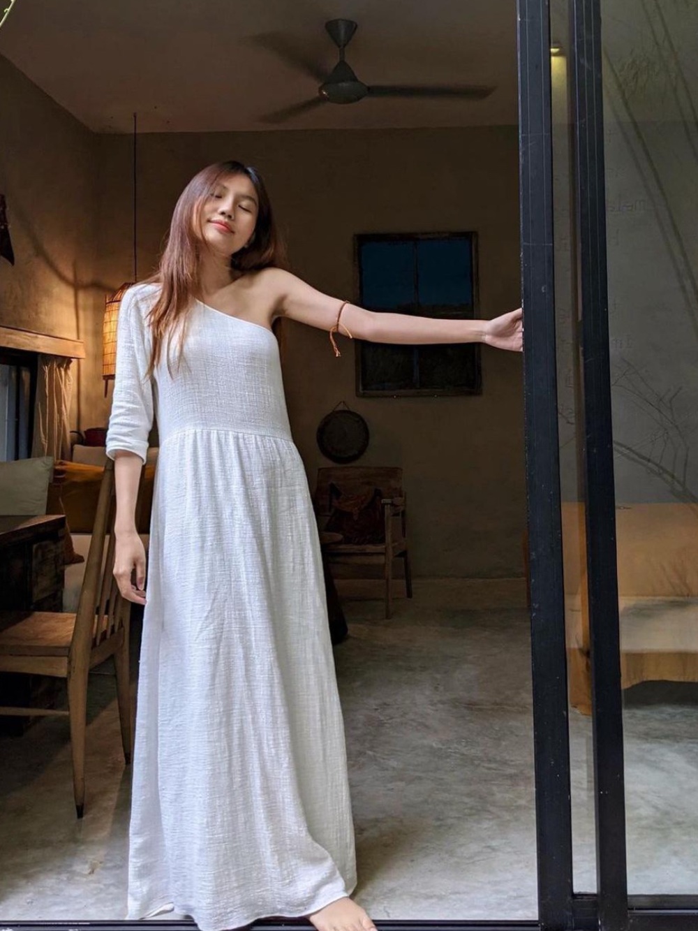 One-Shoulder Ivory Linen Maxi Dress